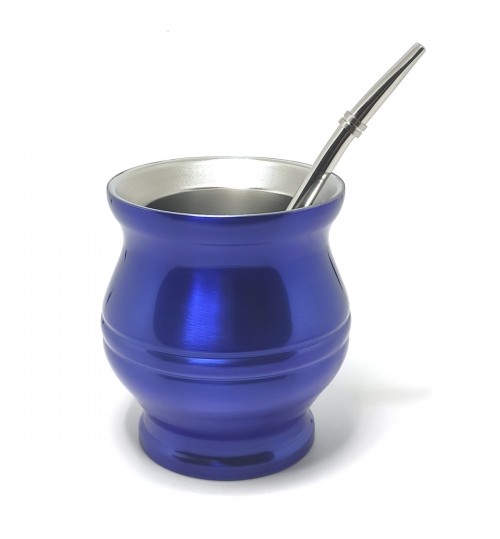 葫蘆型不鏽鋼瑪黛茶亮藍色茶壺連金屬吸管