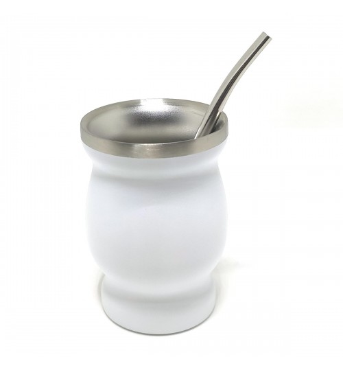 迷你型不鏽鋼瑪黛茶白色茶壺連金屬吸管