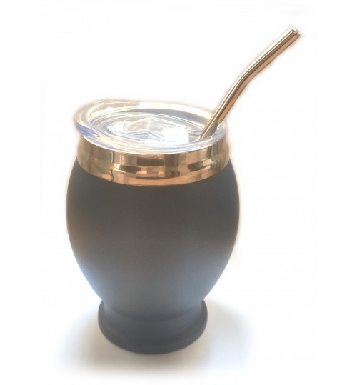 橢圓型不鏽鋼瑪黛茶黑色茶壺含蓋連金屬吸管