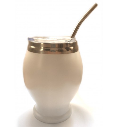 橢圓型不鏽鋼瑪黛茶白色茶壺含蓋連金屬吸管