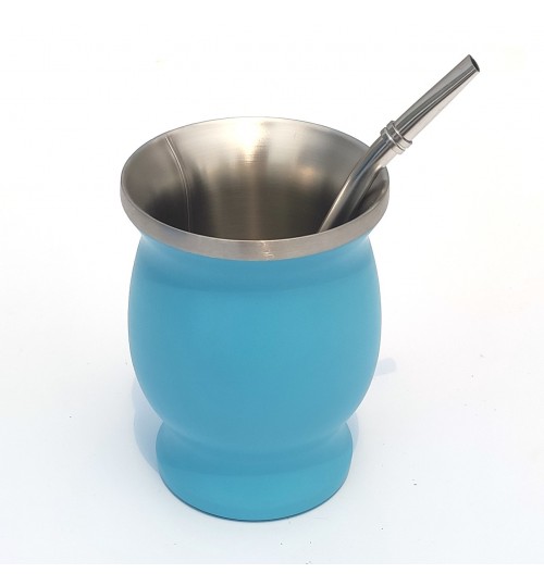 不鏽鋼瑪黛茶天藍色茶壺連金屬吸管