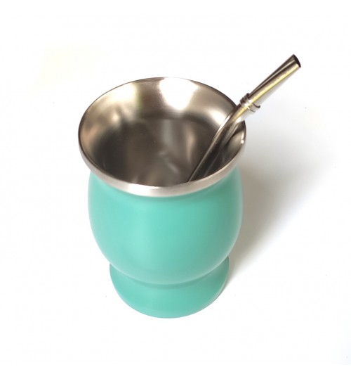 不鏽鋼瑪黛茶碧綠色茶壺連金屬吸管