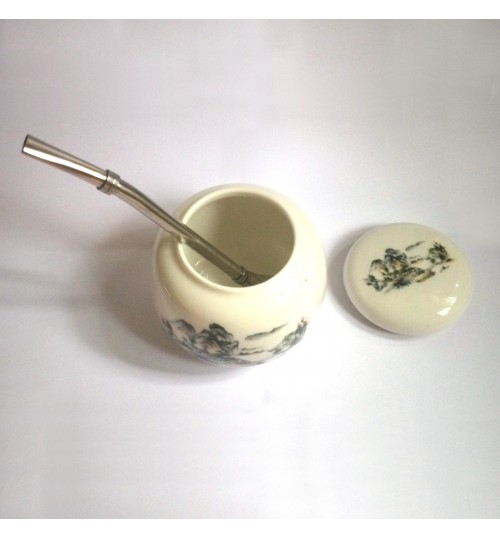 國產手工藝陶瓷茶壺及金屬吸管套裝