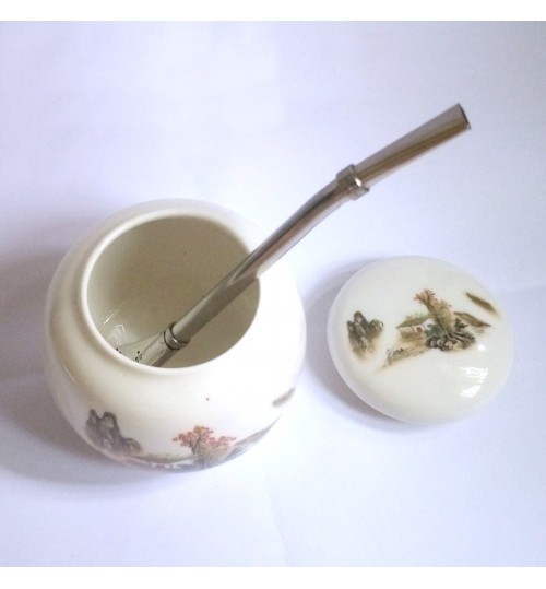 國產手工藝陶瓷茶壺及金屬吸管套裝
